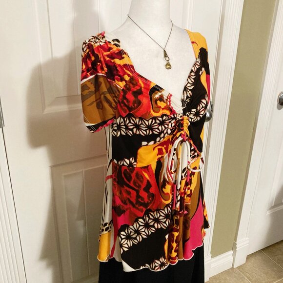 CLIENTELE Leopard floral abstract print v-neck short sleeve top ~ LARGE XL shirt - Picture 5 of 14